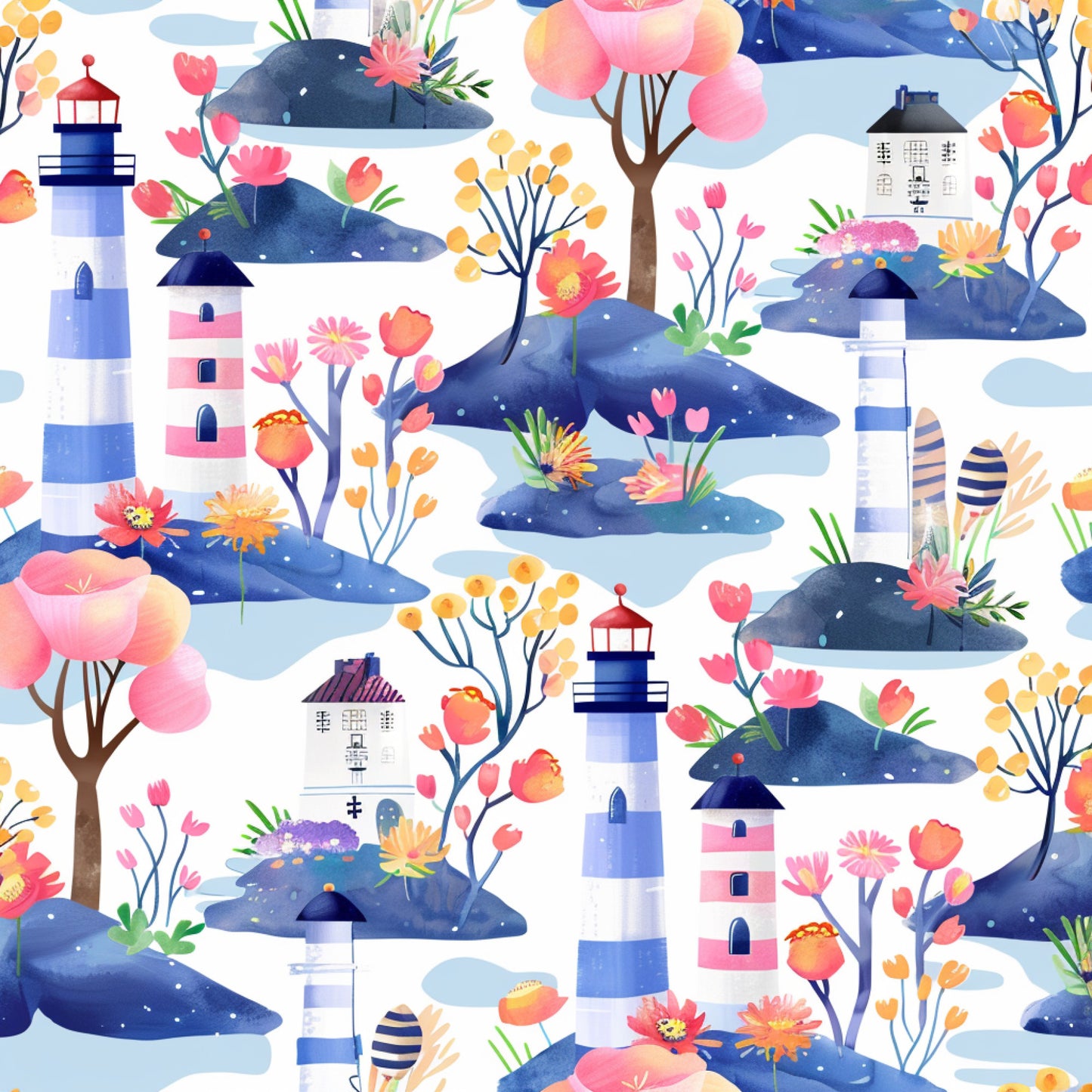 watercolor whales, lighthouse pattern, spring florals, navy blue, coral pink, quilting cotton, fabric panel, ocean scene, blooming flowers, pastel colors, marine animals, coastal theme, repeating pattern, botanical elements, sea creatures, striped lighthouse, floral blooms, springtime motifs, aquatic design, soft pastels