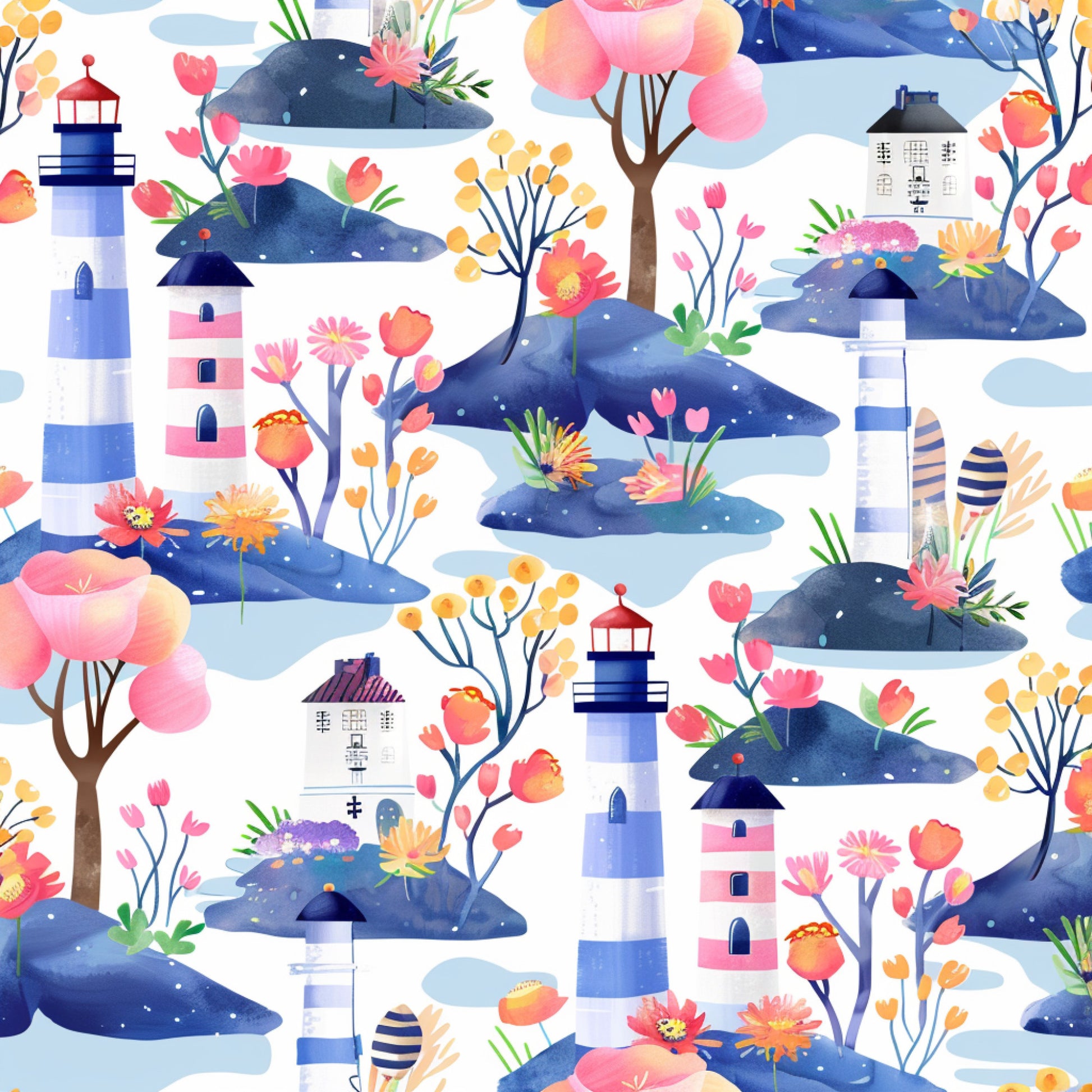 watercolor whales, lighthouse pattern, spring florals, navy blue, coral pink, quilting cotton, fabric panel, ocean scene, blooming flowers, pastel colors, marine animals, coastal theme, repeating pattern, botanical elements, sea creatures, striped lighthouse, floral blooms, springtime motifs, aquatic design, soft pastels