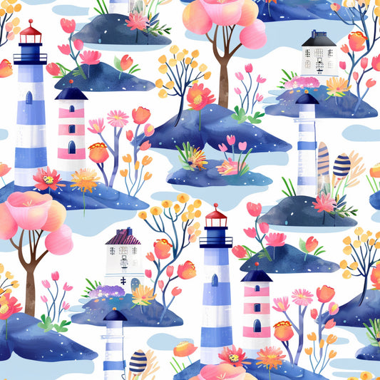 watercolor whales, lighthouse pattern, spring florals, navy blue, coral pink, quilting cotton, fabric panel, ocean scene, blooming flowers, pastel colors, marine animals, coastal theme, repeating pattern, botanical elements, sea creatures, striped lighthouse, floral blooms, springtime motifs, aquatic design, soft pastels