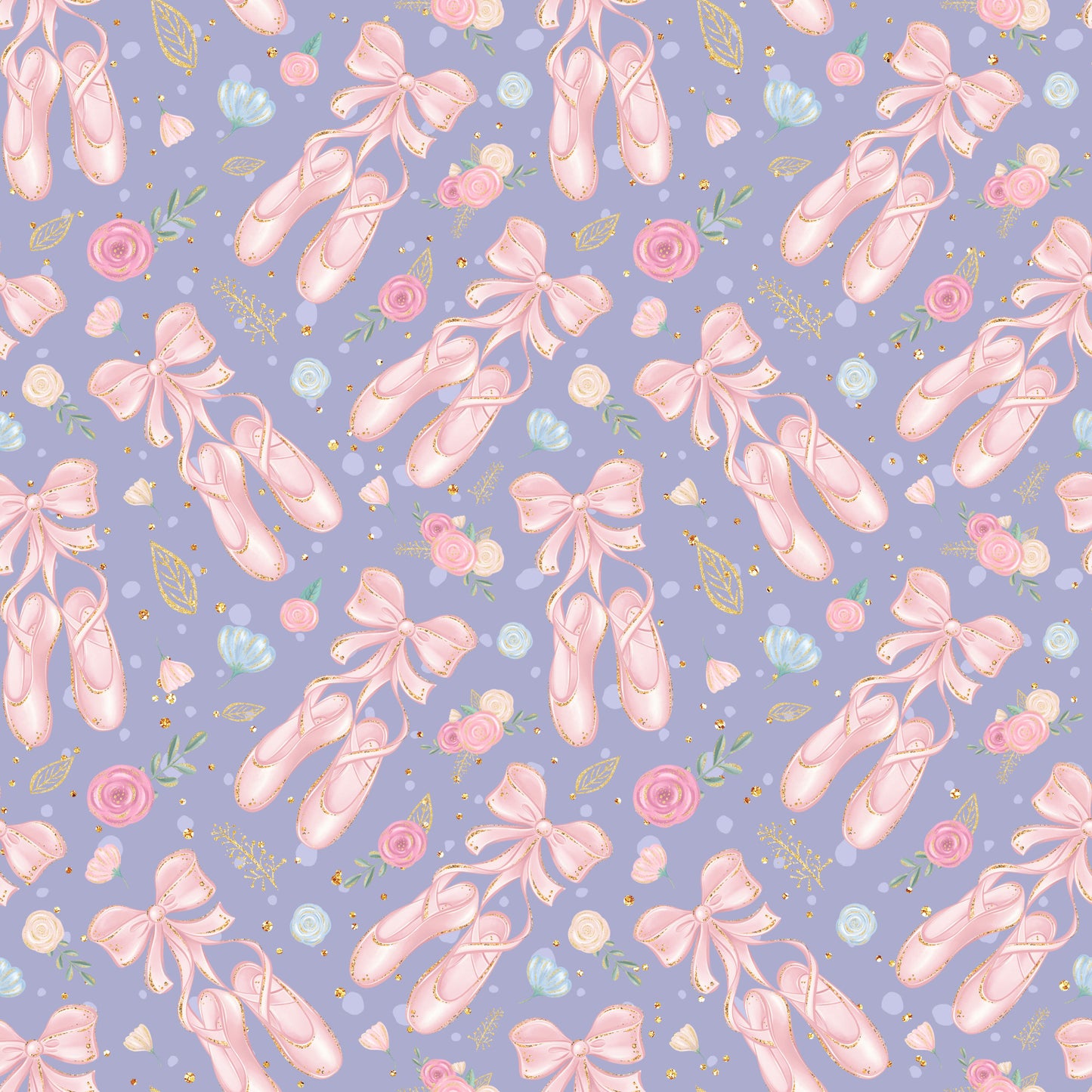 lavender purple, soft pink, ballet slippers, pointe shoes, floral roses, ribbon bows, gold accents, ballerina theme, dance motifs, feminine pattern, quilting cotton, repeating design, whimsical style, delicate flowers, scattered elements, pastel colors, romantic mood, fabric panel, craft material, sweet aesthetic