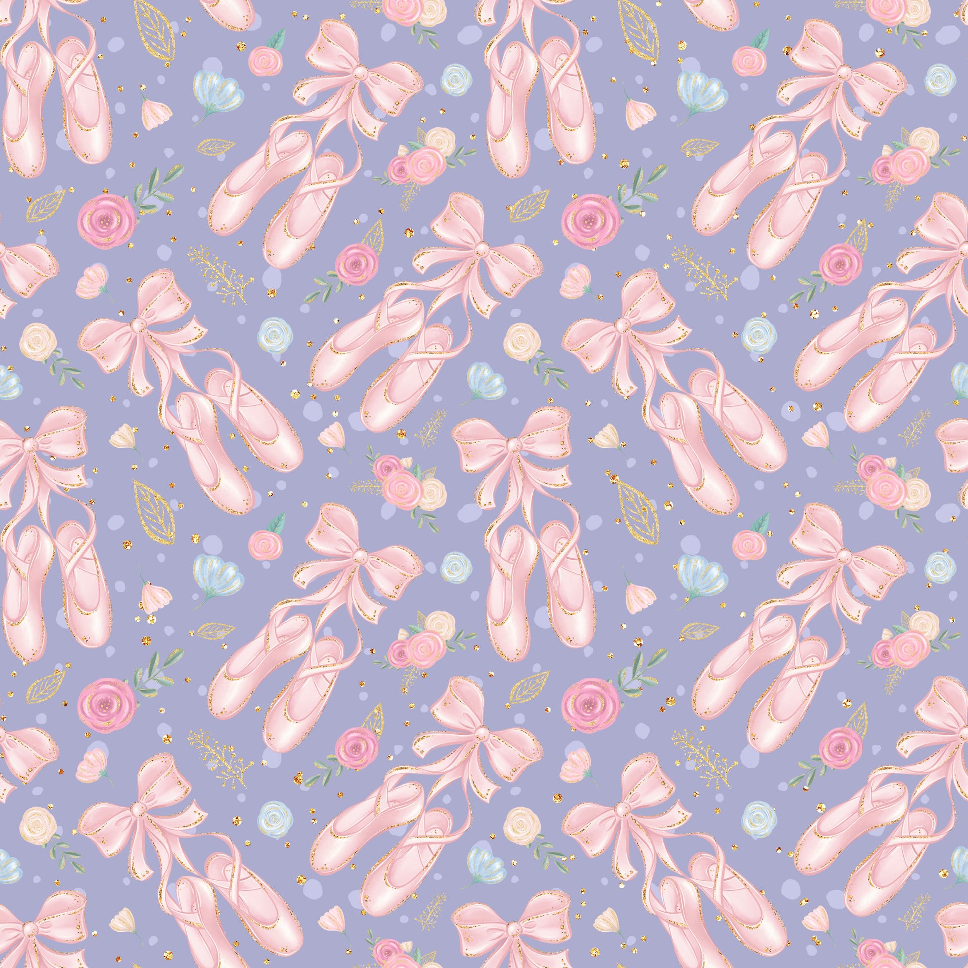 lavender purple, soft pink, ballet slippers, pointe shoes, floral roses, ribbon bows, gold accents, ballerina theme, dance motifs, feminine pattern, quilting cotton, repeating design, whimsical style, delicate flowers, scattered elements, pastel colors, romantic mood, fabric panel, craft material, sweet aesthetic