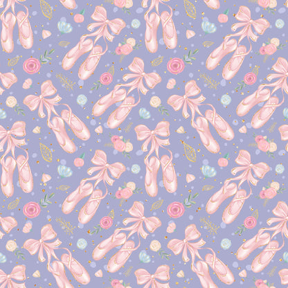 lavender purple, soft pink, ballet slippers, pointe shoes, floral roses, ribbon bows, gold accents, ballerina theme, dance motifs, feminine pattern, quilting cotton, repeating design, whimsical style, delicate flowers, scattered elements, pastel colors, romantic mood, fabric panel, craft material, sweet aesthetic