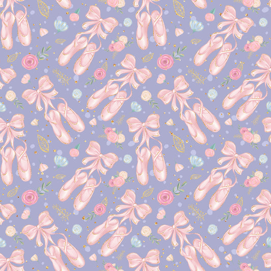 lavender purple, soft pink, ballet slippers, pointe shoes, floral roses, ribbon bows, gold accents, ballerina theme, dance motifs, feminine pattern, quilting cotton, repeating design, whimsical style, delicate flowers, scattered elements, pastel colors, romantic mood, fabric panel, craft material, sweet aesthetic