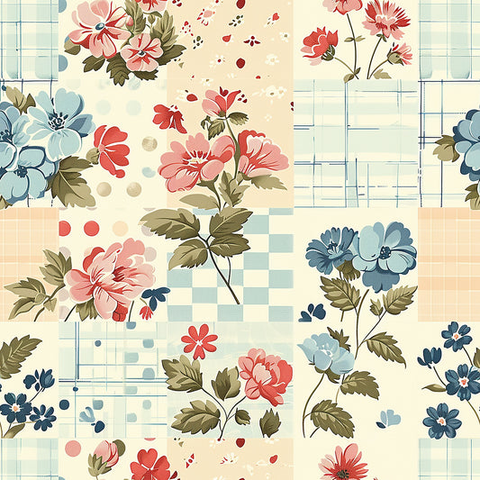 cottagecore, quilting cotton, fabric panel, floral motifs, pink flowers, blue flowers, coral blooms, sage green leaves, cream background, gingham checks, plaid patterns, botanical design, vintage style, patchwork blocks, geometric squares, scattered dots, romantic florals, soft pastels, country aesthetic, quilting material