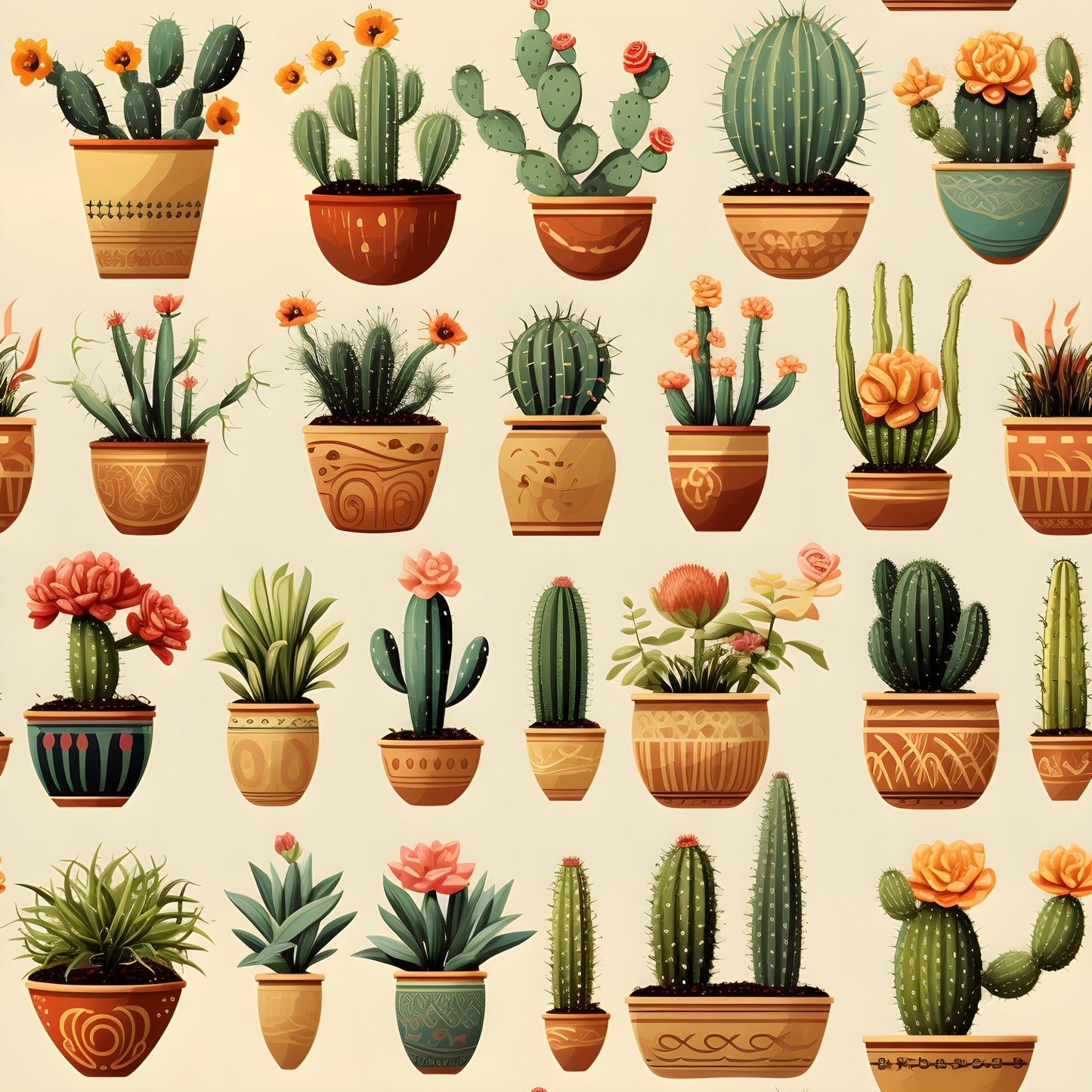 retro cactus, quilting cotton, fabric panel, terra cotta, orange flowers, green succulents, decorative pots, southwestern style, desert plants, vintage illustration, botanical design, earthy tones, beige background, prickly pear, barrel cactus, potted plants, coral blooms, rustic pottery, boho style, repetitive pattern