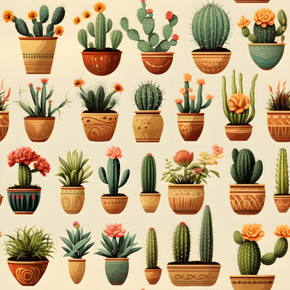 retro cactus, quilting cotton, fabric panel, terra cotta, orange flowers, green succulents, decorative pots, southwestern style, desert plants, vintage illustration, botanical design, earthy tones, beige background, prickly pear, barrel cactus, potted plants, coral blooms, rustic pottery, boho style, repetitive pattern