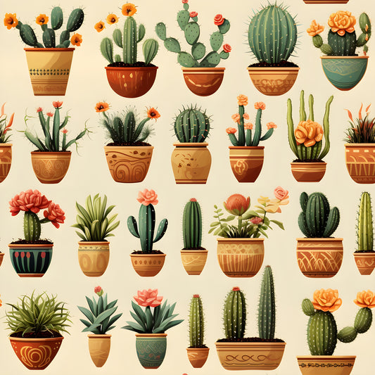 retro cactus, quilting cotton, fabric panel, terra cotta, orange flowers, green succulents, decorative pots, southwestern style, desert plants, vintage illustration, botanical design, earthy tones, beige background, prickly pear, barrel cactus, potted plants, coral blooms, rustic pottery, boho style, repetitive pattern