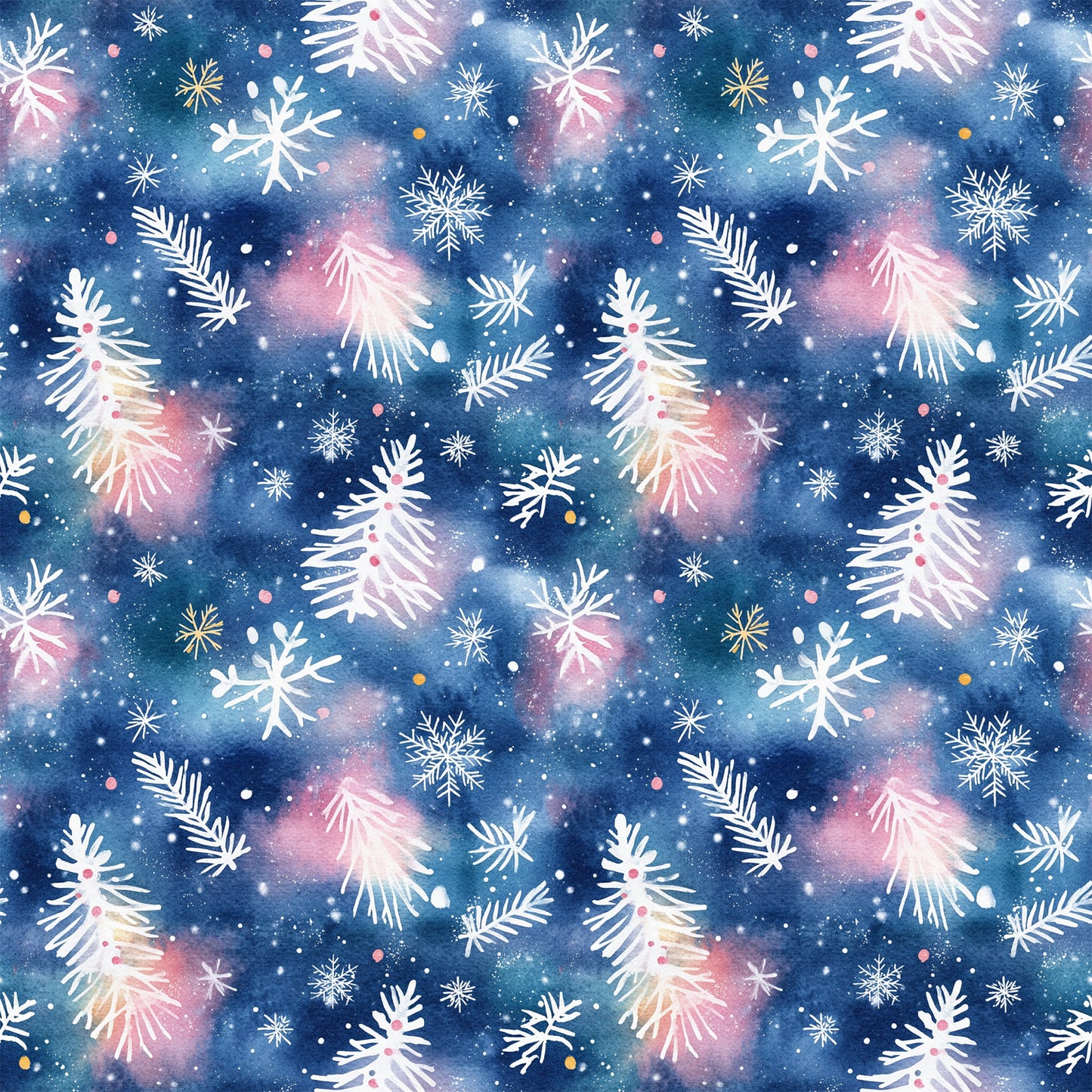 navy blue, pink, white, gold, watercolor style, christmas trees, snowflakes, pine branches, winter pattern, repeating design, quilting cotton, fabric panel, holiday theme, festive motifs, botanical elements, scattered placement, soft blending, seasonal fabric, crafting material, winter wonderland