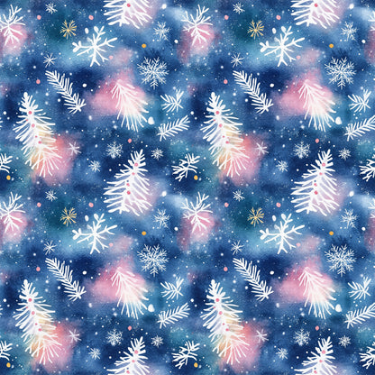navy blue, pink, white, gold, watercolor style, christmas trees, snowflakes, pine branches, winter pattern, repeating design, quilting cotton, fabric panel, holiday theme, festive motifs, botanical elements, scattered placement, soft blending, seasonal fabric, crafting material, winter wonderland