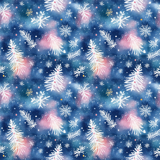 navy blue, pink, white, gold, watercolor style, christmas trees, snowflakes, pine branches, winter pattern, repeating design, quilting cotton, fabric panel, holiday theme, festive motifs, botanical elements, scattered placement, soft blending, seasonal fabric, crafting material, winter wonderland