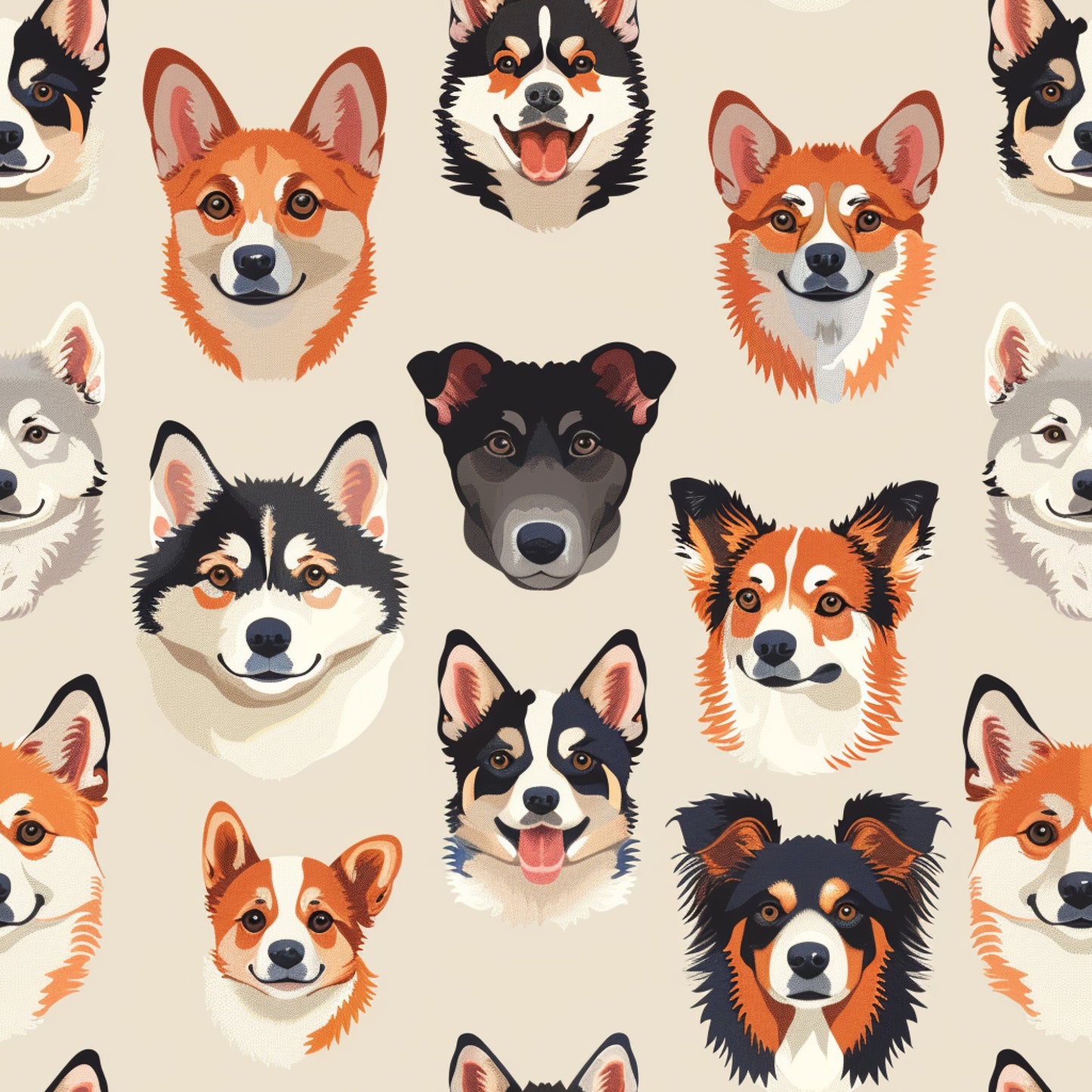 dog faces, puppy portraits, animal heads, orange, black, white, tan, brown, beige background, repeating pattern, cute dogs, smiling dogs, pet illustration, quilting cotton, fabric panel, playful mood, cartoon style, multiple breeds, dog lover, crafting material