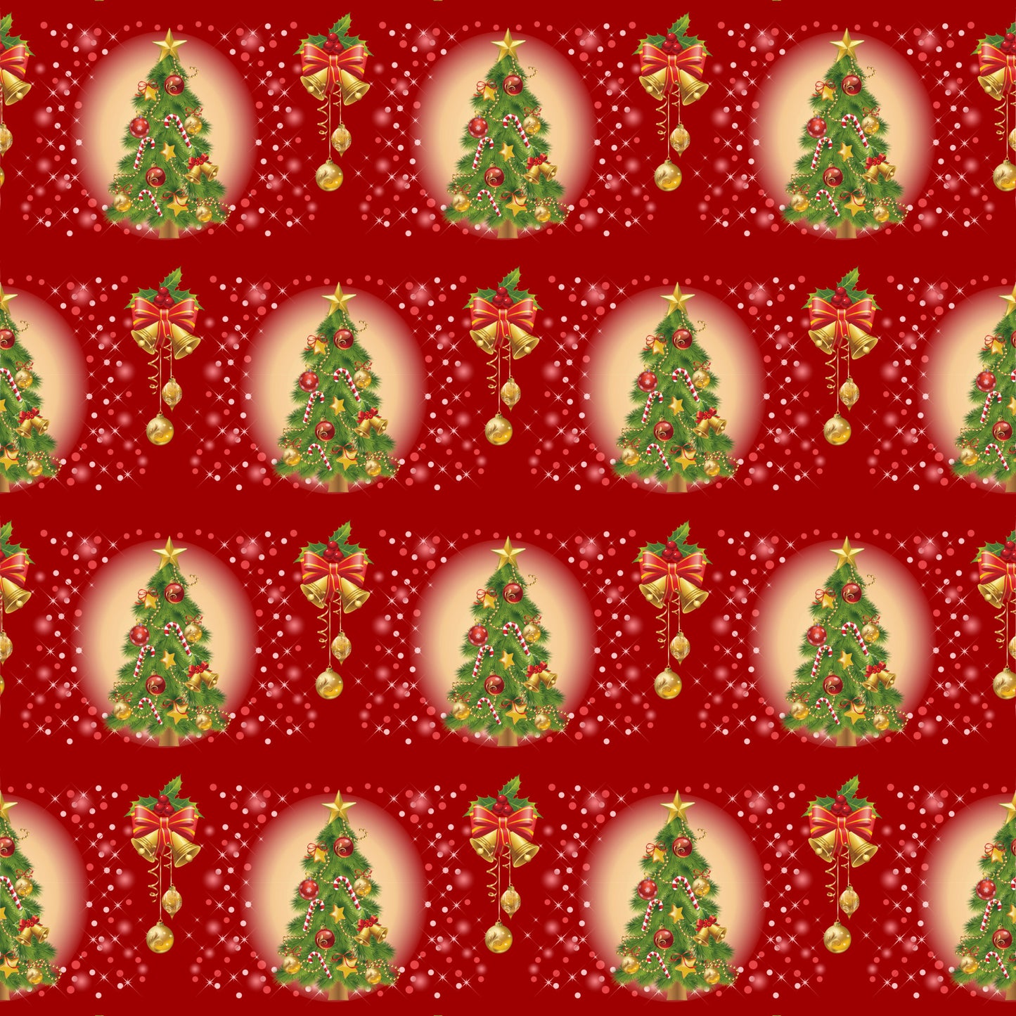 red background, christmas trees, golden bells, ornament decorations, candy canes, quilting cotton, fabric panel, holiday pattern, festive design, green pine trees, gold accents, christmas ornaments, repeating motifs, seasonal fabric, bright red, forest green, metallic gold, holiday crafting, christmas quilting, winter theme