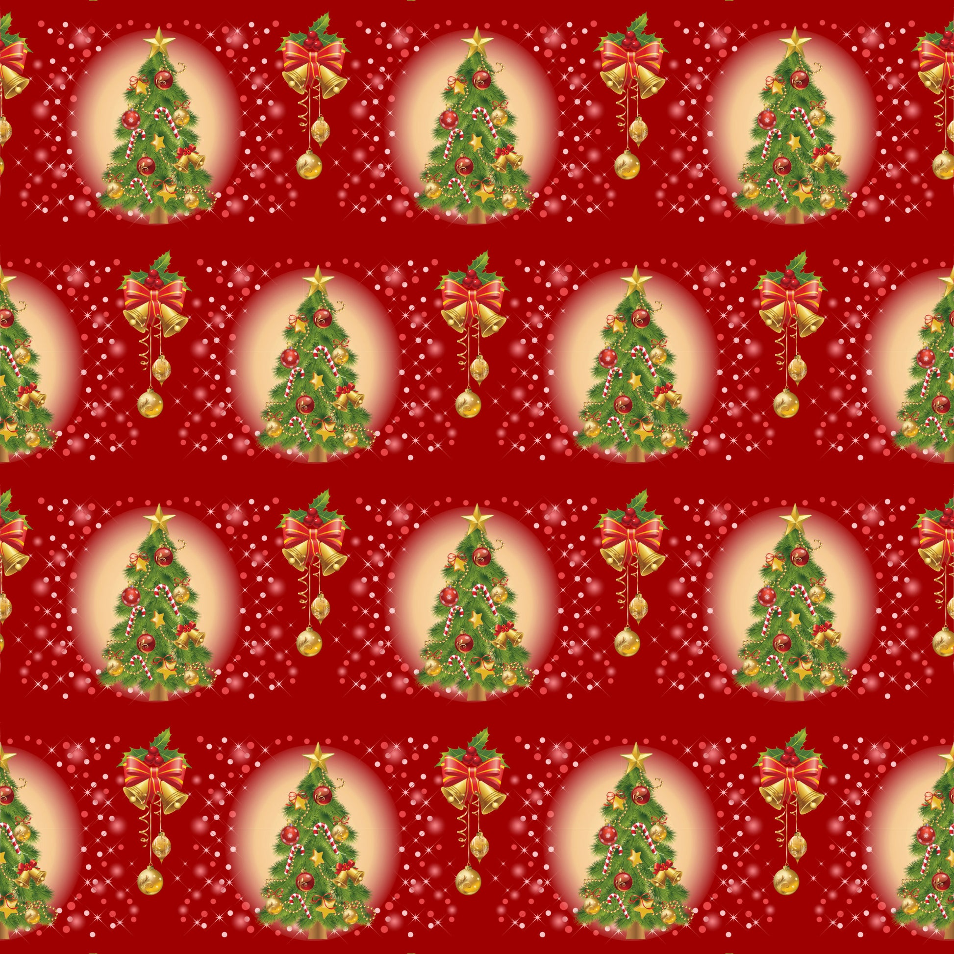 red background, christmas trees, golden bells, ornament decorations, candy canes, quilting cotton, fabric panel, holiday pattern, festive design, green pine trees, gold accents, christmas ornaments, repeating motifs, seasonal fabric, bright red, forest green, metallic gold, holiday crafting, christmas quilting, winter theme
