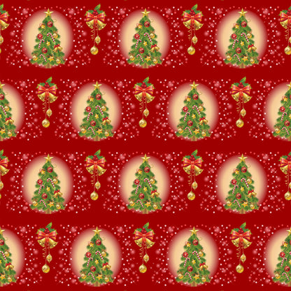 red background, christmas trees, golden bells, ornament decorations, candy canes, quilting cotton, fabric panel, holiday pattern, festive design, green pine trees, gold accents, christmas ornaments, repeating motifs, seasonal fabric, bright red, forest green, metallic gold, holiday crafting, christmas quilting, winter theme