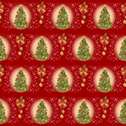 red background, christmas trees, golden bells, ornament decorations, candy canes, quilting cotton, fabric panel, holiday pattern, festive design, green pine trees, gold accents, christmas ornaments, repeating motifs, seasonal fabric, bright red, forest green, metallic gold, holiday crafting, christmas quilting, winter theme