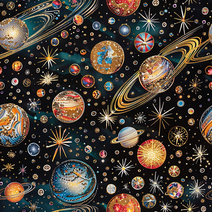 planets, stars, cosmic, space theme, celestial bodies, saturn rings, galaxy, deep blue, gold accents, teal, red, orange, metallic gold, sparkly stars, solar system, universe, astronomical, decorative circles, starbursts, quilting cotton, fabric panel, mystical, night sky, jewel tones