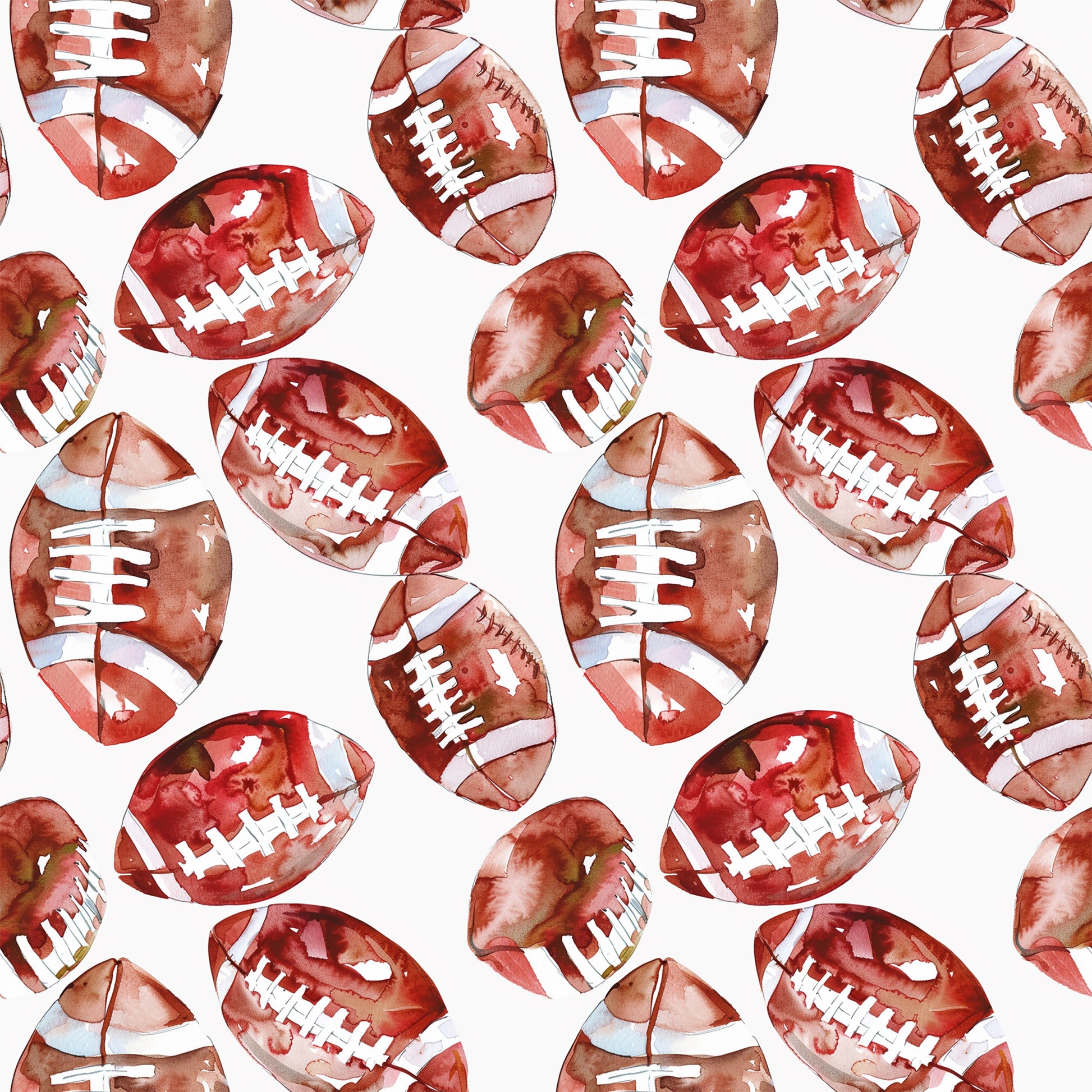 watercolor, football pattern, brown footballs, burgundy, rust red, white laces, sports theme, athletic design, repeating pattern, quilting cotton, fabric panel, seamless design, autumn colors, earthy tones, game day, american football, scattered footballs, watercolor technique, cotton fabric, craft material