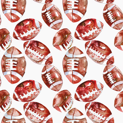 watercolor, football pattern, brown footballs, burgundy, rust red, white laces, sports theme, athletic design, repeating pattern, quilting cotton, fabric panel, seamless design, autumn colors, earthy tones, game day, american football, scattered footballs, watercolor technique, cotton fabric, craft material