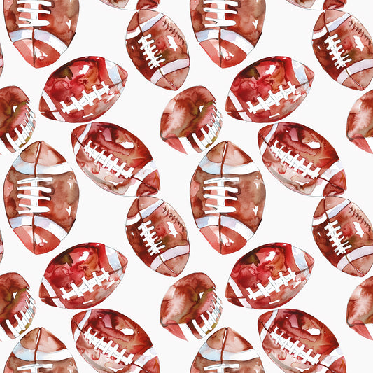 watercolor, football pattern, brown footballs, burgundy, rust red, white laces, sports theme, athletic design, repeating pattern, quilting cotton, fabric panel, seamless design, autumn colors, earthy tones, game day, american football, scattered footballs, watercolor technique, cotton fabric, craft material