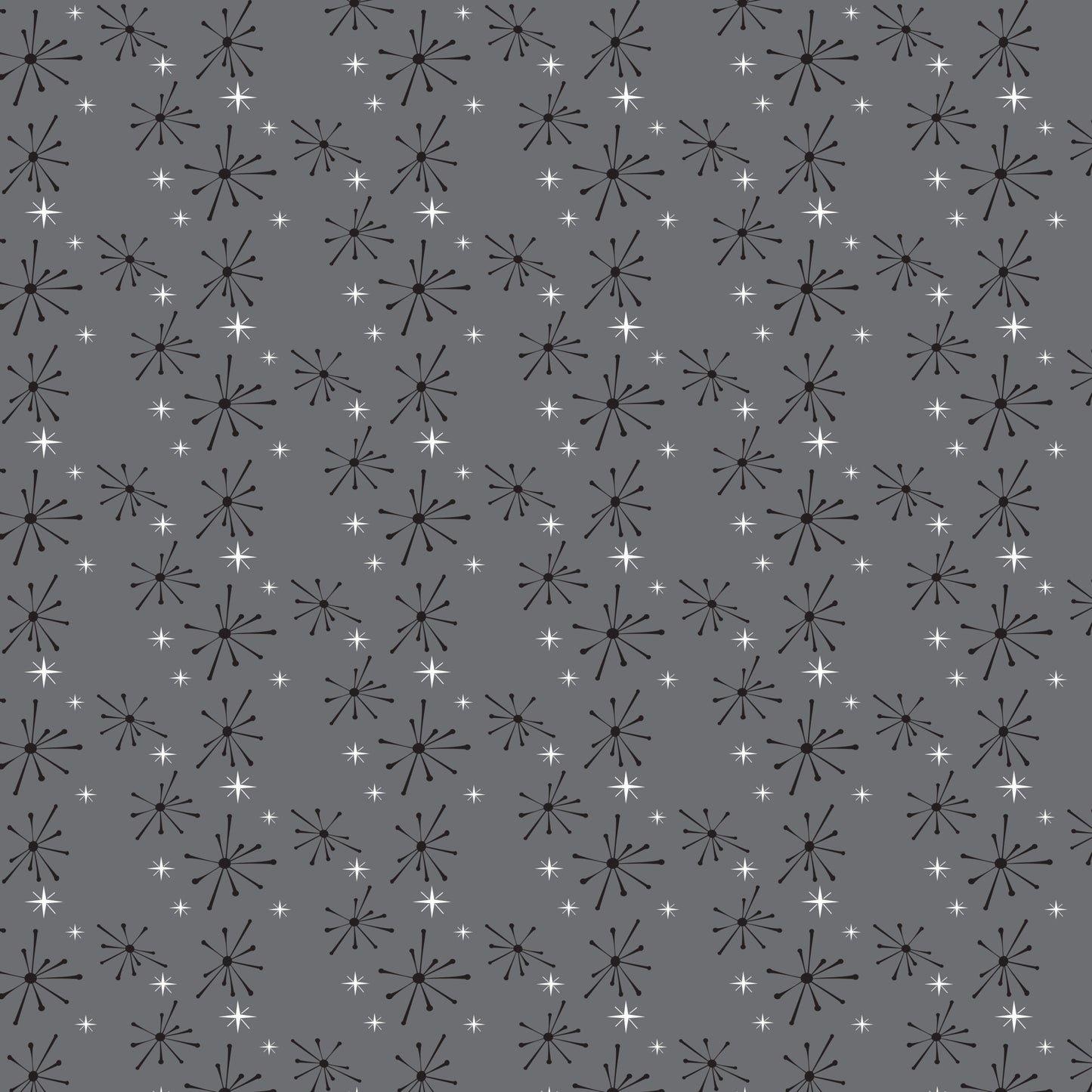 gray, charcoal, white, starburst pattern, atomic design, mid-century modern, retro stars, geometric shapes, radiating lines, vintage style, 1950s aesthetic, quilting cotton, fabric panel, repetitive pattern, scattered stars, space age motif, modernist design, minimalist colors, textile design, crafting material