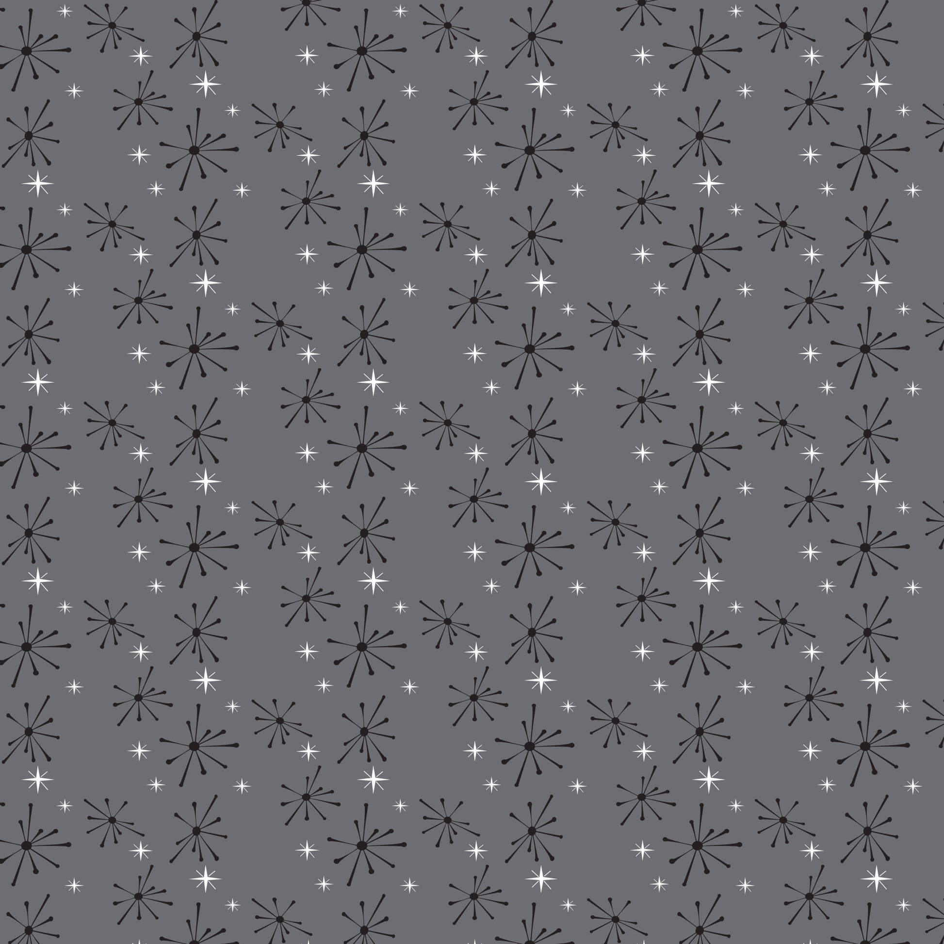 gray, charcoal, white, starburst pattern, atomic design, mid-century modern, retro stars, geometric shapes, radiating lines, vintage style, 1950s aesthetic, quilting cotton, fabric panel, repetitive pattern, scattered stars, space age motif, modernist design, minimalist colors, textile design, crafting material