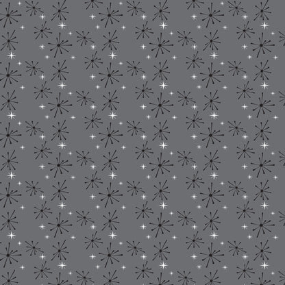 gray, charcoal, white, starburst pattern, atomic design, mid-century modern, retro stars, geometric shapes, radiating lines, vintage style, 1950s aesthetic, quilting cotton, fabric panel, repetitive pattern, scattered stars, space age motif, modernist design, minimalist colors, textile design, crafting material