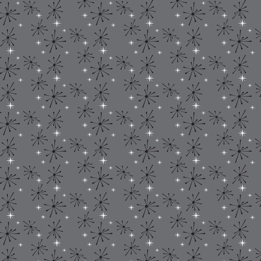 gray, charcoal, white, starburst pattern, atomic design, mid-century modern, retro stars, geometric shapes, radiating lines, vintage style, 1950s aesthetic, quilting cotton, fabric panel, repetitive pattern, scattered stars, space age motif, modernist design, minimalist colors, textile design, crafting material
