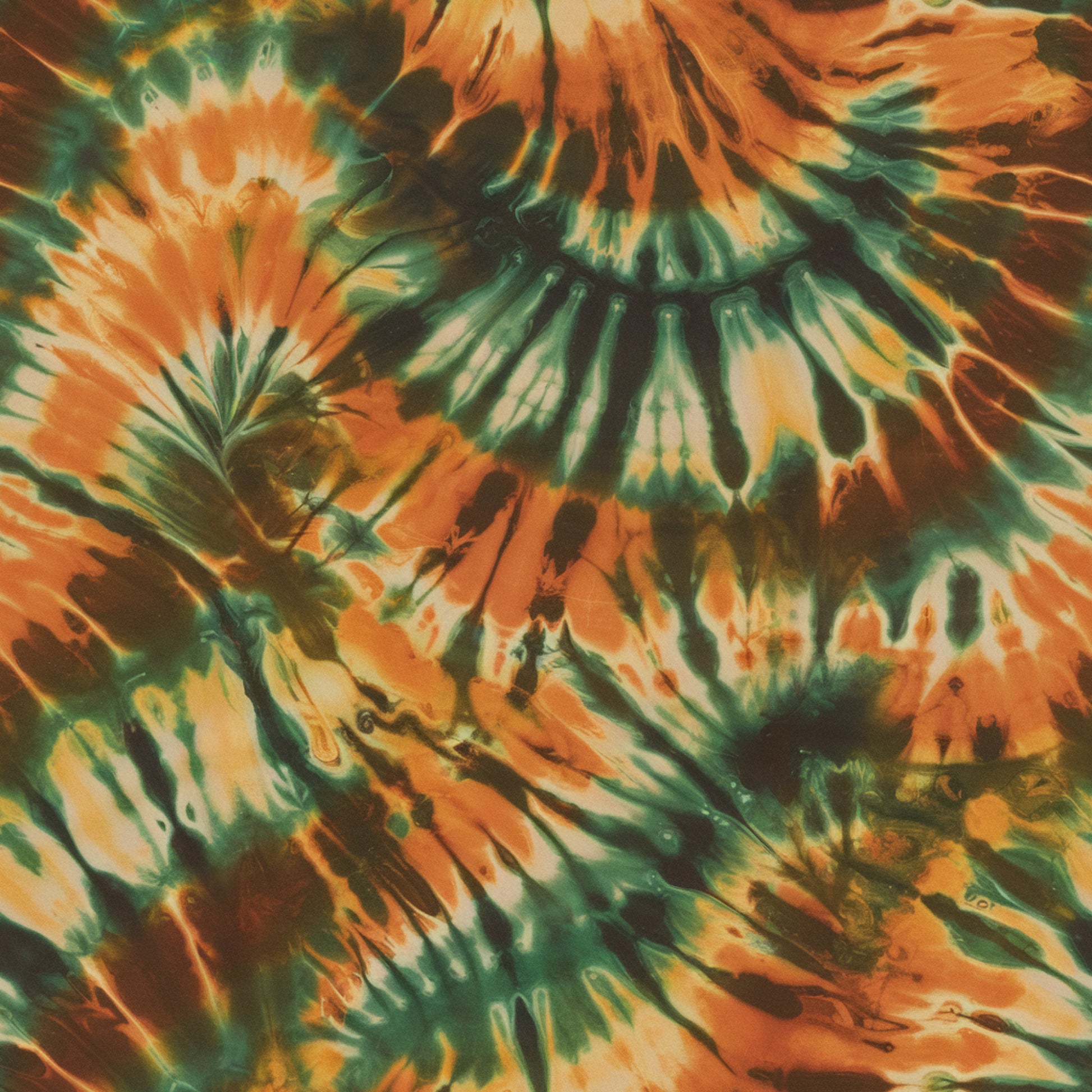 tie dye, retro pattern, swirl design, orange, green, teal, burnt orange, psychedelic, groovy, abstract swirls, flowing lines, 1960s style, hippie aesthetic, spiral motifs, vibrant colors, quilting cotton, fabric panel, bohemian, colorful blend, organic shapes