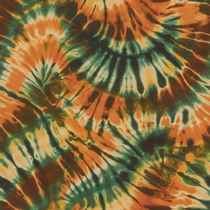 tie dye, retro pattern, swirl design, orange, green, teal, burnt orange, psychedelic, groovy, abstract swirls, flowing lines, 1960s style, hippie aesthetic, spiral motifs, vibrant colors, quilting cotton, fabric panel, bohemian, colorful blend, organic shapes