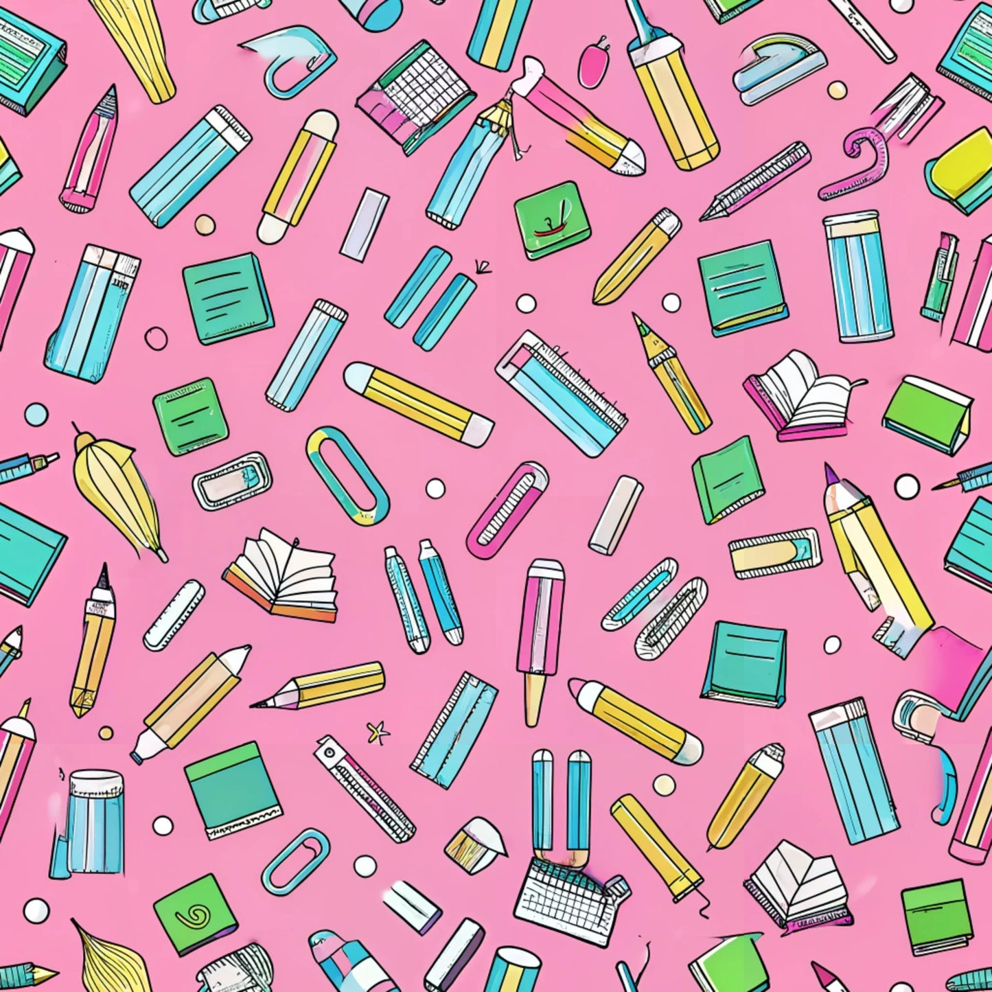 pink background, school supplies, pencils, books, rulers, erasers, paper clips, staplers, scattered pattern, bright colors, yellow accents, blue details, green elements, white highlights, educational theme, back to school, quilting cotton, fabric panel, stationery items, random placement, cheerful design, craft supplies