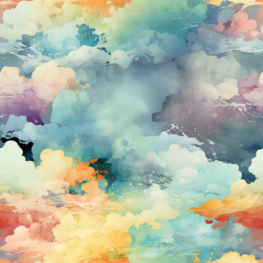 watercolor clouds, pastel colors, turquoise, coral, lavender, peach, mint green, sky pattern, dreamy atmosphere, soft textures, quilting cotton, fabric panel, whimsical design, flowing movement, artistic style, celestial theme, cotton fabric, craft material, sewing supplies, abstract clouds
