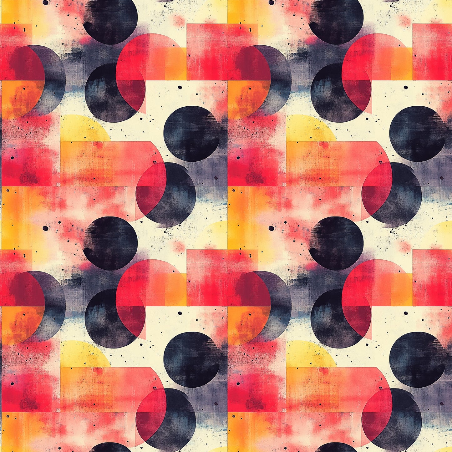 coral, orange, navy blue, cream, geometric circles, overlapping shapes, mid century modern, retro design, abstract pattern, watercolor texture, vintage style, quilting cotton, fabric panel, contemporary geometric, circular motifs, warm tones, modern abstract, artistic design, repetitive pattern