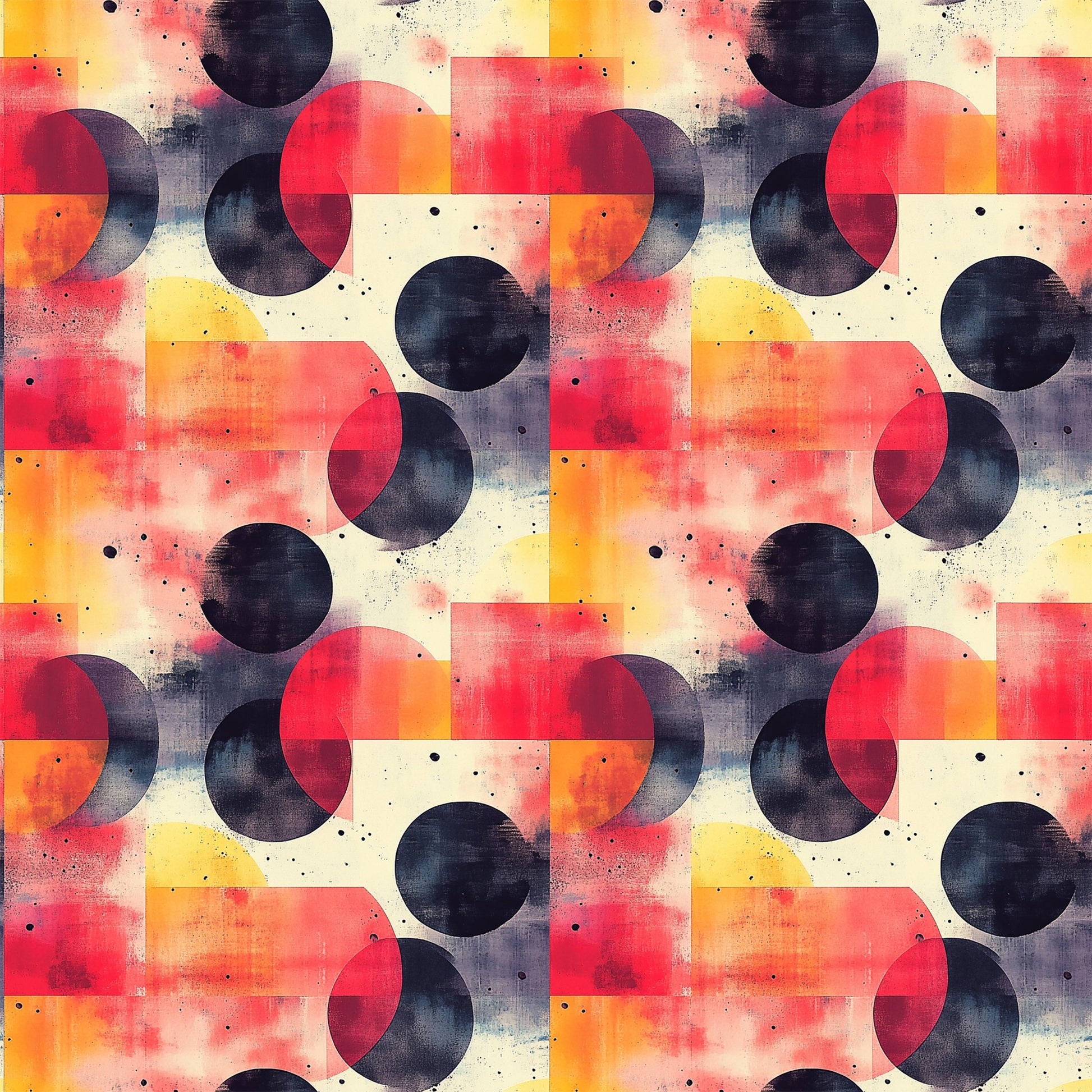 coral, orange, navy blue, cream, geometric circles, overlapping shapes, mid century modern, retro design, abstract pattern, watercolor texture, vintage style, quilting cotton, fabric panel, contemporary geometric, circular motifs, warm tones, modern abstract, artistic design, repetitive pattern