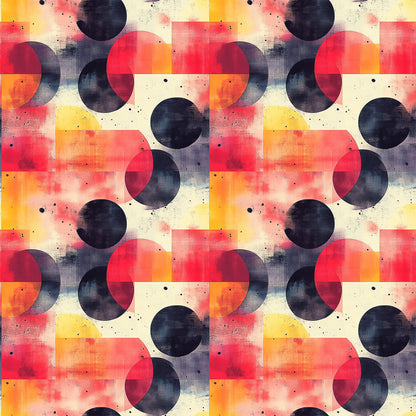coral, orange, navy blue, cream, geometric circles, overlapping shapes, mid century modern, retro design, abstract pattern, watercolor texture, vintage style, quilting cotton, fabric panel, contemporary geometric, circular motifs, warm tones, modern abstract, artistic design, repetitive pattern