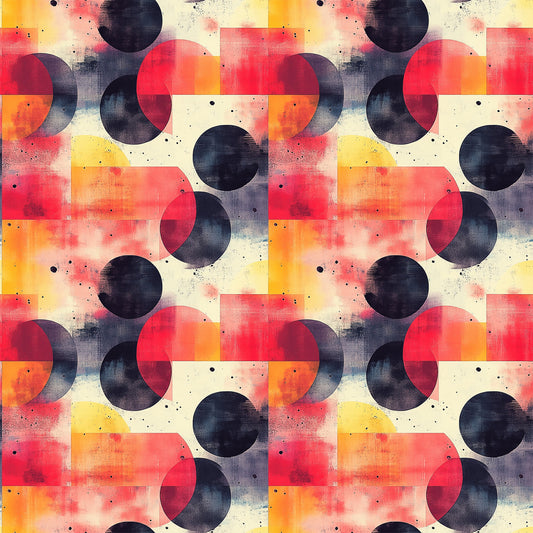 coral, orange, navy blue, cream, geometric circles, overlapping shapes, mid century modern, retro design, abstract pattern, watercolor texture, vintage style, quilting cotton, fabric panel, contemporary geometric, circular motifs, warm tones, modern abstract, artistic design, repetitive pattern