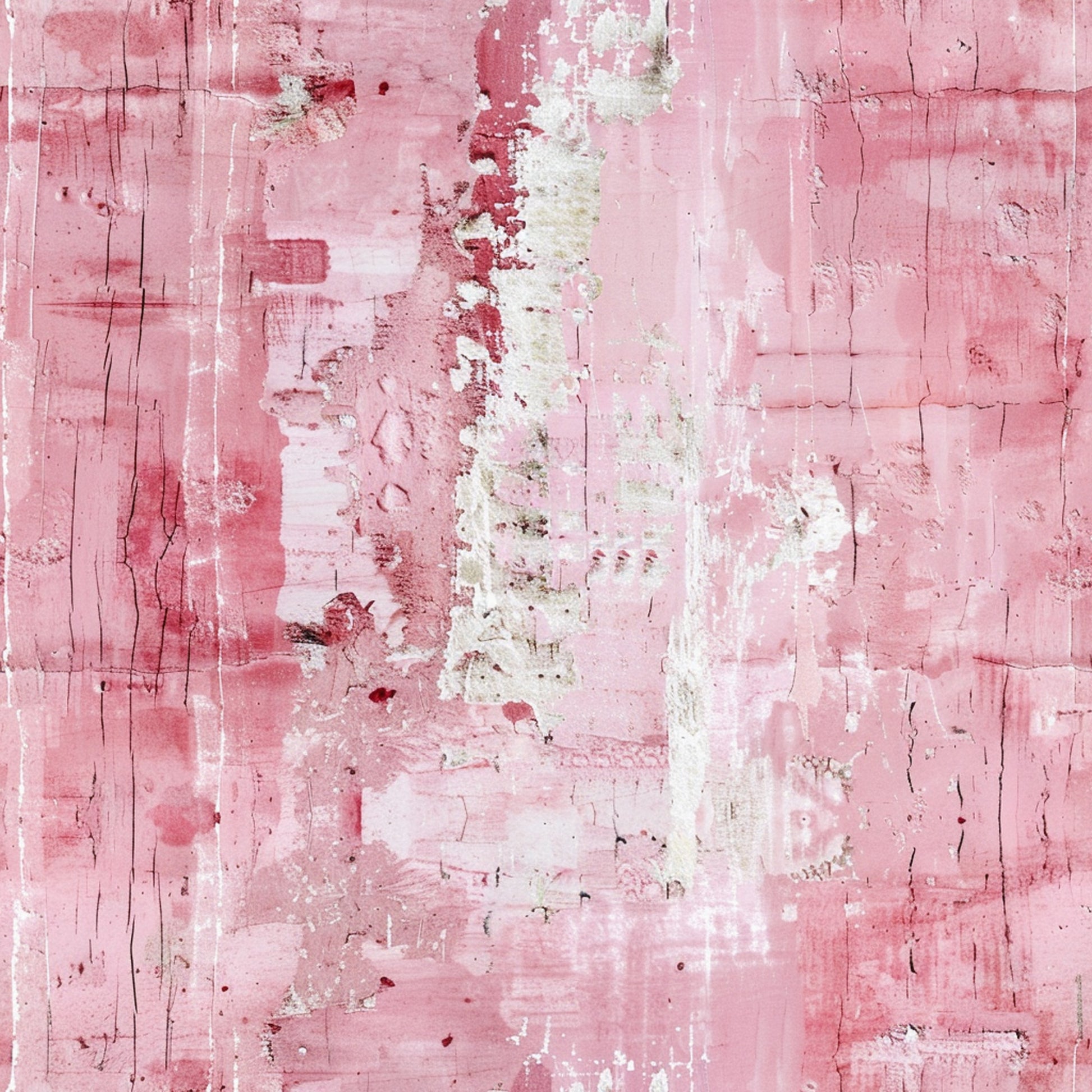 pink blush, coral pink, white, cream, grunge pattern, distressed texture, weathered surface, peeling paint, cracked finish, vintage worn, shabby chic, abstract design, layered texture, quilting cotton, fabric panel, soft pastels, rustic charm, aged appearance, artistic backdrop, cotton fabric