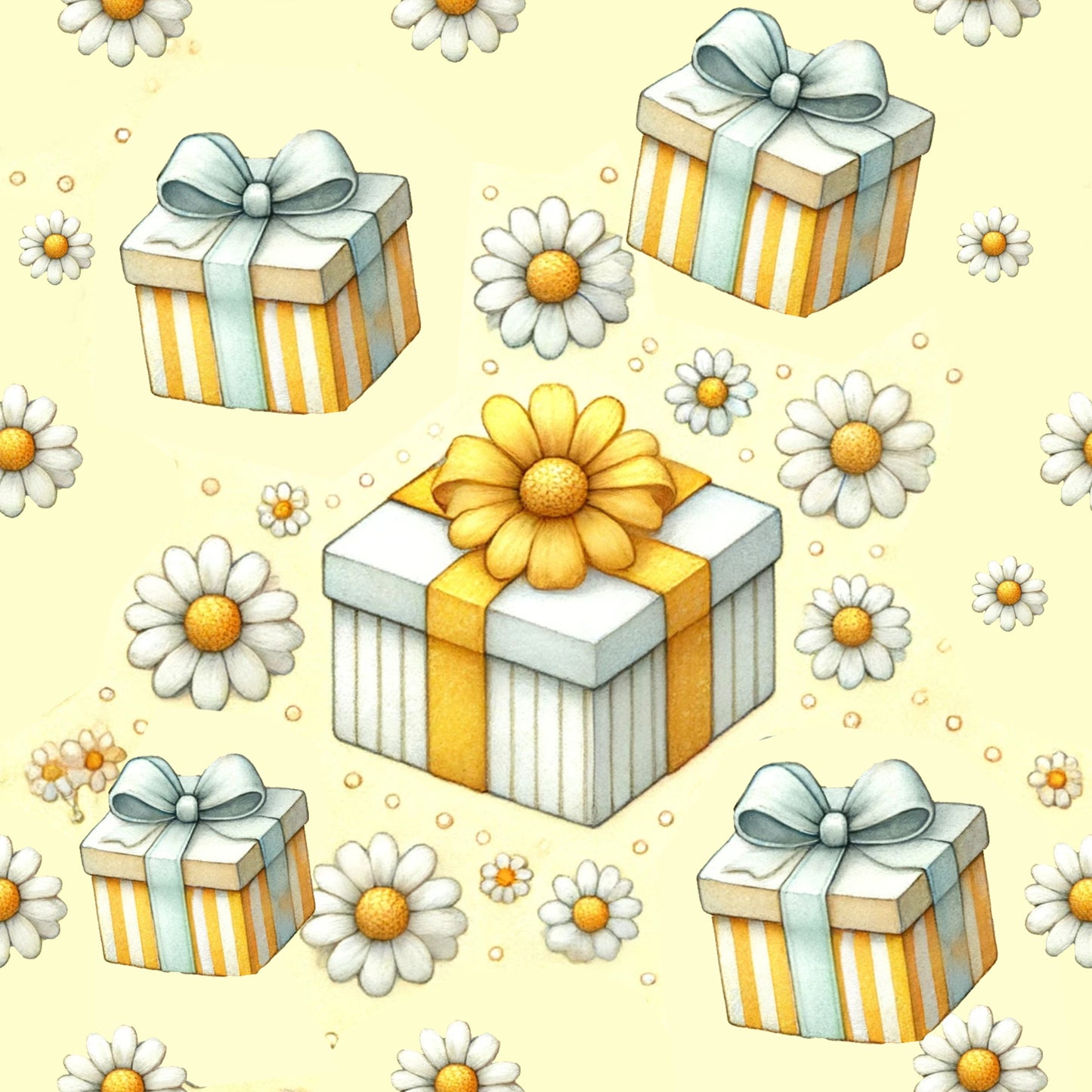 yellow background, gift boxes, white daisies, orange centers, striped wrapping paper, blue ribbons, yellow flower, pastel colors, floral pattern, present motifs, quilting cotton, fabric panel, whimsical design, cheerful mood, spring theme, repeating pattern, soft illustration, craft fabric, sewing material