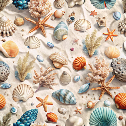 - Magical Sea Pattern 19 Quilting Cotton Fabric  
- Seashells  
- Starfish  
- Coral  
- Ocean theme  
- Blue  
- Orange  
- Beige  
- Cream  
- Creamy white background  
- Beach motif  
- Cotton fabric  
- Quilting fabric  
- Marine elements  
- Nautical design  
- Soft colors  
- Textured appearance