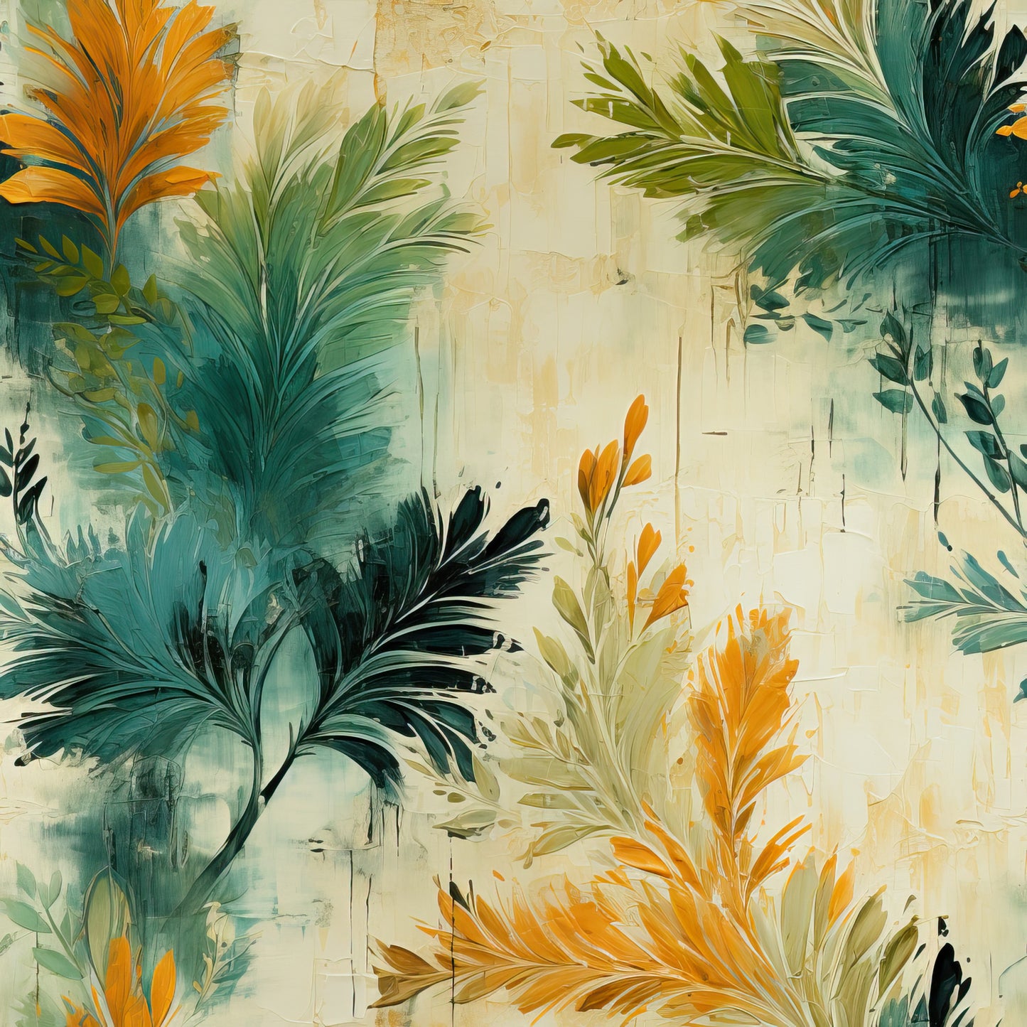 tropical foliage, autumn colors, orange leaves, teal green, sage green, cream background, botanical pattern, palm fronds, feathery leaves, painterly style, artistic brushstrokes, quilting cotton, fabric panel, nature motif, seasonal transition, warm tones, cool tones, tropical plants, leaf clusters, textured appearance