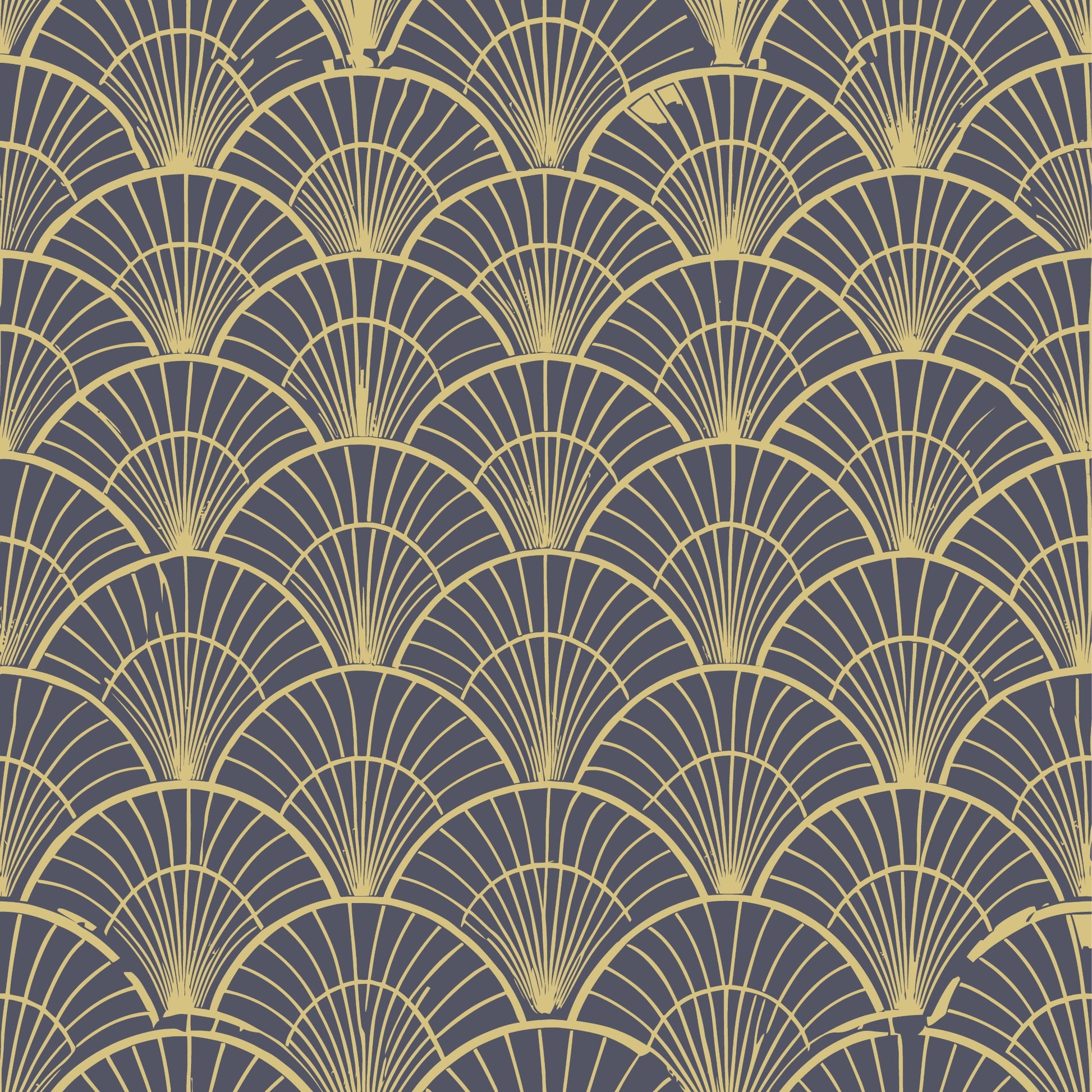 art deco, geometric pattern, fan motif, scalloped design, gold, yellow, purple, gray, repeating pattern, radiating lines, vintage style, elegant, sophisticated, quilting cotton, fabric panel, overlapping scales, sunburst design, luxurious, 1920s inspired, ornamental