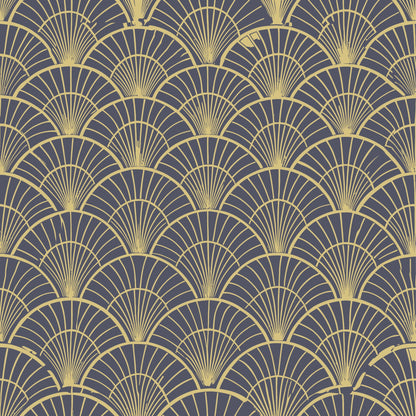 art deco, geometric pattern, fan motif, scalloped design, gold, yellow, purple, gray, repeating pattern, radiating lines, vintage style, elegant, sophisticated, quilting cotton, fabric panel, overlapping scales, sunburst design, luxurious, 1920s inspired, ornamental