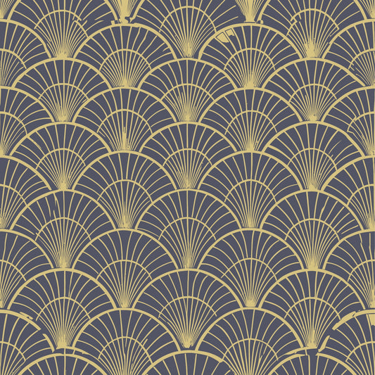 art deco, geometric pattern, fan motif, scalloped design, gold, yellow, purple, gray, repeating pattern, radiating lines, vintage style, elegant, sophisticated, quilting cotton, fabric panel, overlapping scales, sunburst design, luxurious, 1920s inspired, ornamental