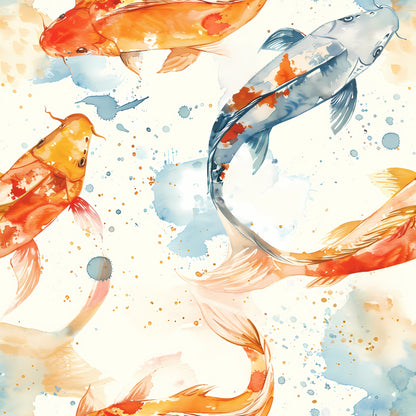 watercolor fish, koi fish, orange fish, blue fish, aquatic animals, swimming fish, watercolor painting, fluid art, splashes, paint splatters, coral orange, navy blue, golden yellow, cream background, quilting cotton, fabric panel, zen style, peaceful mood, artistic fish, flowing movement
