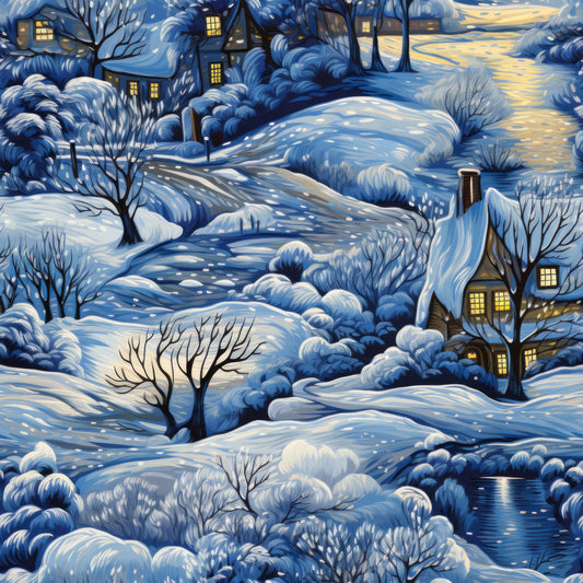 winter scene, snow covered, blue tones, white snow, yellow glow, cozy houses, bare trees, rolling hills, quilting cotton, fabric panel, dawn light, peaceful landscape, snowy village, illuminated windows, winter twilight, serene atmosphere, cottages, winding path, frozen ground, evening sky