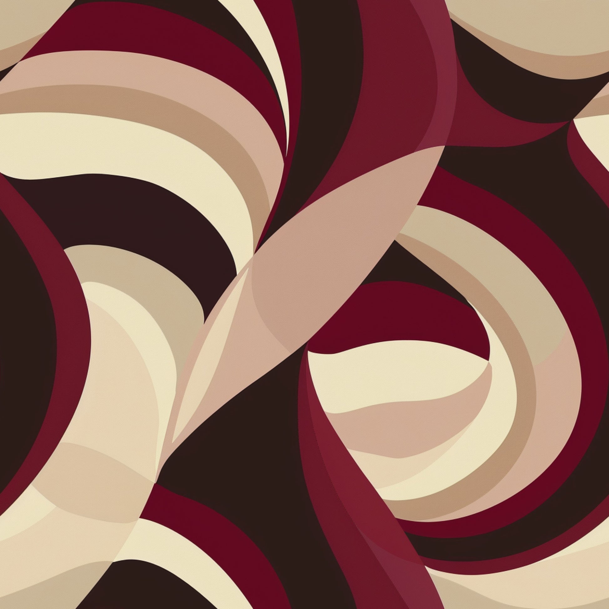 burgundy, deep red, cream, beige, brown, chocolate, abstract swirls, flowing curves, geometric shapes, overlapping circles, modern art, contemporary design, dynamic movement, curved lines, layered patterns, quilting cotton, fabric panel, warm tones, neutral colors, artistic motif