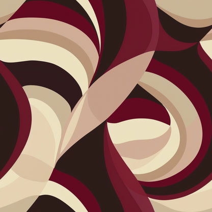 burgundy, deep red, cream, beige, brown, chocolate, abstract swirls, flowing curves, geometric shapes, overlapping circles, modern art, contemporary design, dynamic movement, curved lines, layered patterns, quilting cotton, fabric panel, warm tones, neutral colors, artistic motif
