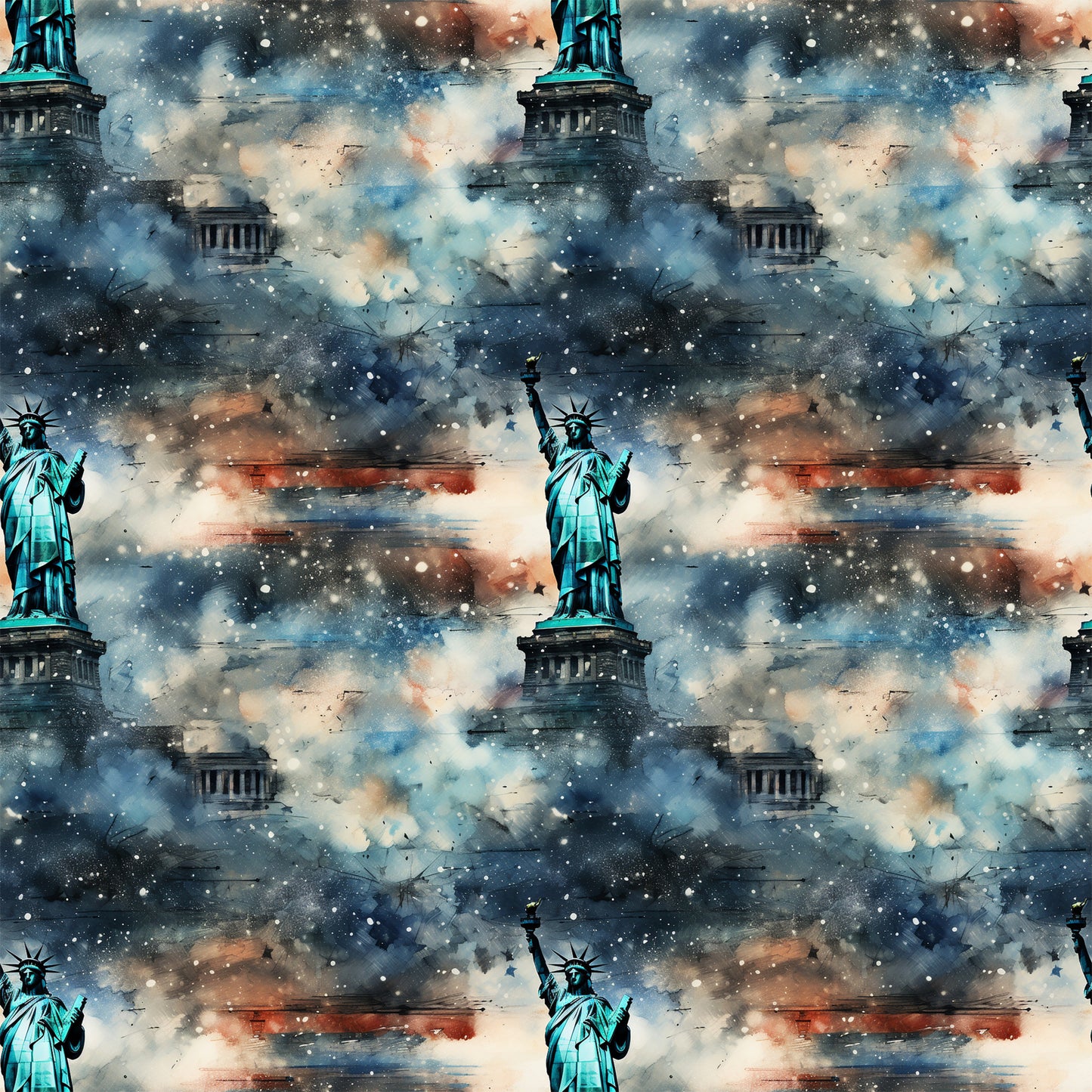 statue of liberty, patriotic, grunge, weathered, distressed, blue, teal, orange, rust, white, stars, cosmic, galaxy, nebula, space, quilting cotton, fabric panel, repeating pattern, american flag colors, vintage aesthetic, textured background
