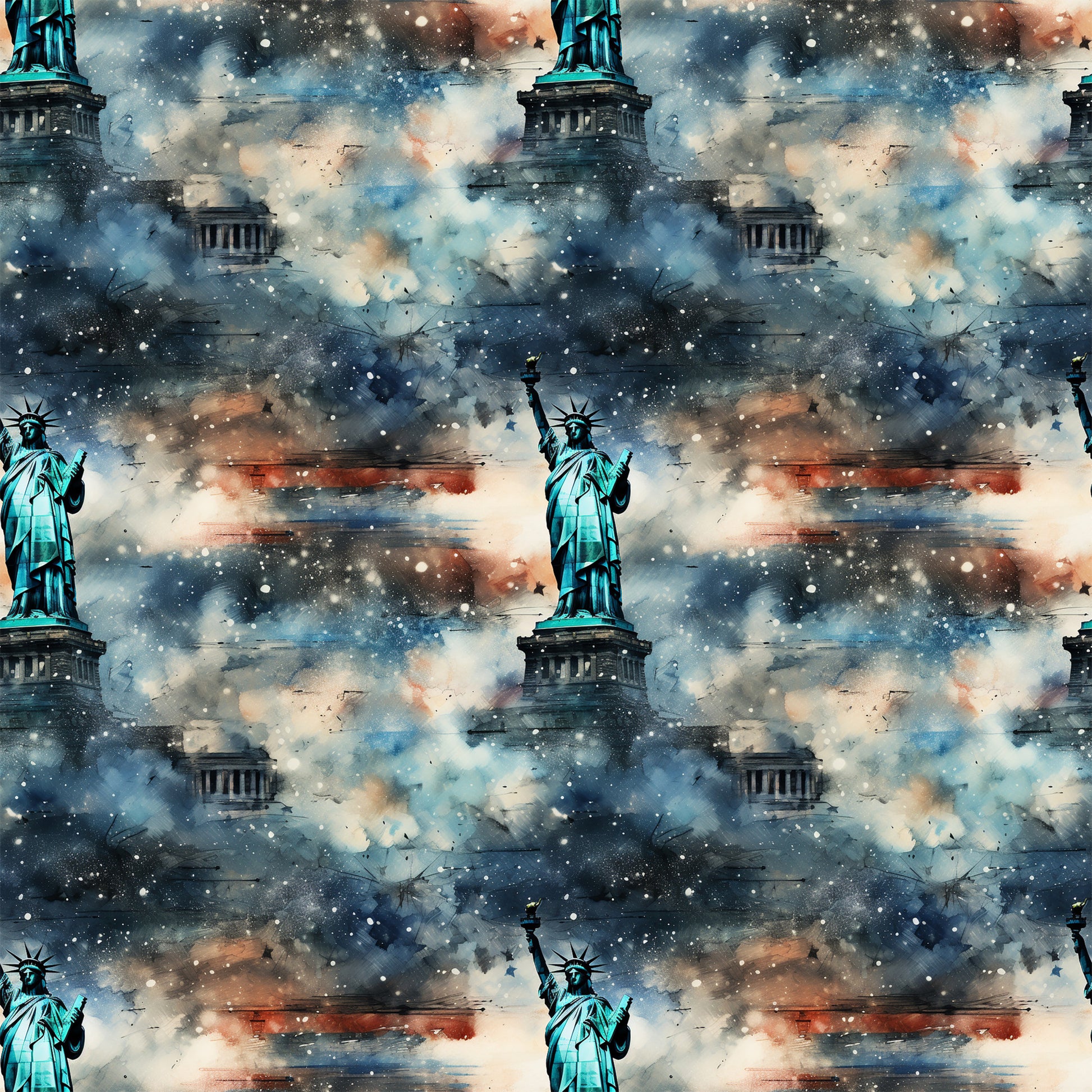 statue of liberty, patriotic, grunge, weathered, distressed, blue, teal, orange, rust, white, stars, cosmic, galaxy, nebula, space, quilting cotton, fabric panel, repeating pattern, american flag colors, vintage aesthetic, textured background