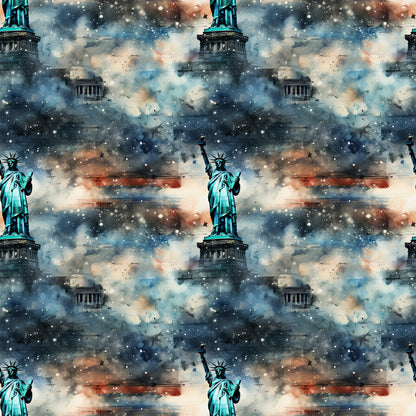 statue of liberty, patriotic, grunge, weathered, distressed, blue, teal, orange, rust, white, stars, cosmic, galaxy, nebula, space, quilting cotton, fabric panel, repeating pattern, american flag colors, vintage aesthetic, textured background