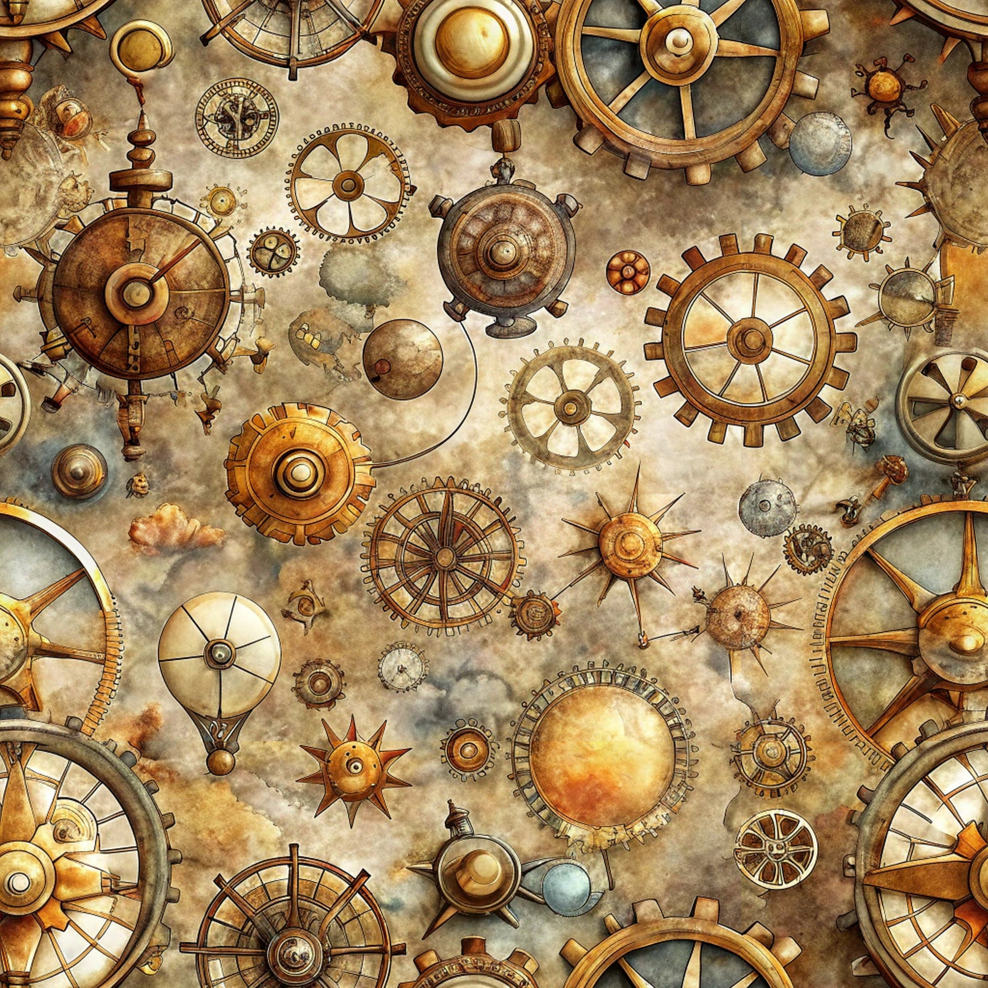 steampunk, gears, cogs, mechanical parts, vintage maps, brass, copper, bronze, sepia tones, golden brown, antiqued, weathered, industrial, clockwork, compass rose, nautical instruments, quilting cotton, fabric panel, victorian era, machinery motifs